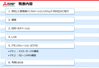COPYRIGHT © 2016 MITSUBISHI ELECTRIC INFORMATION SYSTEMS CORPORATION ALL RIGHTS RESERVED
発表内容
1. 弊社(三菱電機インフォメーションシステムズ:MDIS)のご紹介
2. 概要
3. 目的・モチベーション
4. しくみ
• デモ１：マスターサーバの構築
• デモ２：クローンVMの構築
5. デモンストレーション (ビデオ)
6. 考察とまとめ
 