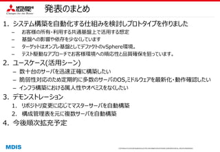COPYRIGHT © 2016 MITSUBISHI ELECTRIC INFORMATION SYSTEMS CORPORATION ALL RIGHTS RESERVED
発表のまとめ
1. システム構築を自動化する仕組みを検討しプロトタイプを作りました
– お客様の所有・利用する共通基盤上で活用する想定
– 基盤への影響や依存を少なくしています
– ターゲットはオンプレ基盤としてデファクトのvSphere環境。
– テスト駆動なアプローチでお客様環境への順応性と品質確保を狙っています。
2. ユースケース(活用シーン)
– 数十台のサーバを迅速正確に構築したい
– 脆弱性対応のため定期的に多数のサーバのOS,ミドルウェアを最新化・動作確認したい
– インフラ構築における属人性やオペミスをなくしたい
3. デモンストレーション
1. リポジトリ変更に応じてマスターサーバを自動構築
2. 構成管理表を元に複数サーバを自動構築
4. 今後順次拡充予定
 