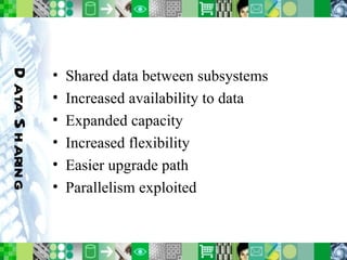 Data Sharing Shared data between subsystems Increased availability to data Expanded capacity Increased flexibility Easier upgrade path Parallelism exploited 