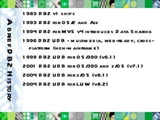 A brief DB2 History 1983 DB2 v1 ships 1993 DB2 for OS/2 and Aix 1994 DB2 for MVS v4 introduces Data Sharing 1996 DB2 UDB - multimedia, web-ready, cross-platform (non-mainframe) 1999 DB2 UDB for OS/390 (v6.1) 2001 DB2 UDB for OS/390 and z/OS (v7.1) 2004 DB2 UDB for z/OS (v8.1) 2004 DB2 UDB for LUW (v8.2) 
