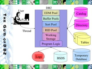 The Guts of DB2 Directory Catalog Tables Logs BSDS DB2 User Thread EDM Pool Sort Pool Buffer Pools RID Pool Temporary Database Working Storage Program Logic 
