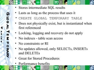 Global Temporary Tables Stores intermediate SQL results Lasts as long as the process that uses it CREATE GLOBAL TEMPORARY TABLE Does not physically exist, but is instantiated when first referenced Locking, logging and recovery do not apply No indexes - table scan access No constraints or RI No updates allowed, only SELECTs, INSERTs and DELETEs Great for Stored Procedures Performance benefits 