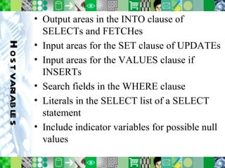 Host variables Output areas in the INTO clause of SELECTs and FETCHes Input areas for the SET clause of UPDATEs Input areas for the VALUES clause if INSERTs Search fields in the WHERE clause Literals in the SELECT list of a SELECT statement Include indicator variables for possible null values 