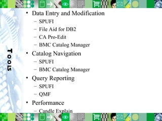 Tools Data Entry and Modification SPUFI File Aid for DB2 CA Pro-Edit BMC Catalog Manager Catalog Navigation SPUFI BMC Catalog Manager Query Reporting SPUFI QMF Performance Candle Explain 