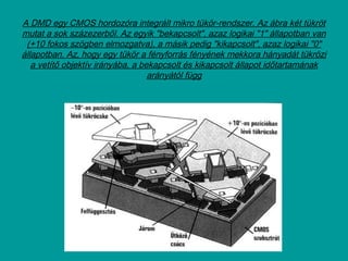 A DMD egy CMOS hordozóra integrált mikro tükör-rendszer. Az ábra két tükröt
mutat a sok százezerből. Az egyik "bekapcsolt", azaz logikai "1" állapotban van
(+10 fokos szögben elmozgatva), a másik pedig "kikapcsolt", azaz logikai "0"
állapotban. Az, hogy egy tükör a fényforrás fényének mekkora hányadát tükrözi
a vetítő objektív irányába, a bekapcsolt és kikapcsolt állapot időtartamának
arányától függ
 