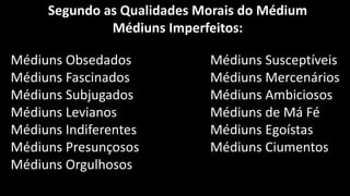 Segundo as Qualidades Morais do Médium
Médiuns Imperfeitos:
Médiuns Susceptíveis
Médiuns Mercenários
Médiuns Ambiciosos
Médiuns de Má Fé
Médiuns Egoístas
Médiuns Ciumentos
Médiuns Obsedados
Médiuns Fascinados
Médiuns Subjugados
Médiuns Levianos
Médiuns Indiferentes
Médiuns Presunçosos
Médiuns Orgulhosos
 