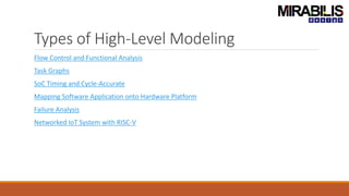 Types of High-Level Modeling
Flow Control and Functional Analysis
Task Graphs
SoC Timing and Cycle-Accurate
Mapping Software Application onto Hardware Platform
Failure Analysis
Networked IoT System with RISC-V
 