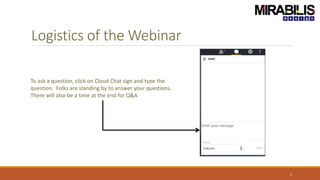 Logistics of the Webinar
2
To ask a question, click on Cloud Chat sign and type the
question. Folks are standing by to answer your questions.
There will also be a time at the end for Q&A
 