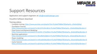 Support Resources
Application and support engineers at info@mirabilisdesign.com
VisualSim Software download
Training videos:
◦ Complete training: https://www.youtube.com/playlist?list=PLizKwf7N88at70EwhqvFq_zDaLkoQEKg1
◦ Foundation Tutorial:
https://www.youtube.com/watch?v=0e1LVYU26rc&list=PLizKwf7N88at70EwhqvFq_zDaLkoQEKg1&index=3
◦ Flow Control and Network Modeling:
https://www.youtube.com/watch?v=oH2C0_ET5qY&list=PLizKwf7N88at70EwhqvFq_zDaLkoQEKg1&index=4
◦ Real time applications:
https://www.youtube.com/watch?v=96ro8fpf2aQ&list=PLizKwf7N88at70EwhqvFq_zDaLkoQEKg1&index=5
◦ Power modeling:
https://www.youtube.com/watch?v=n4VudSX3Wjo&list=PLizKwf7N88at70EwhqvFq_zDaLkoQEKg1&index=6
◦ Cache Tutorial:
https://www.youtube.com/watch?v=gOzkYcpU3c4&list=PLizKwf7N88at70EwhqvFq_zDaLkoQEKg1&index=7
 