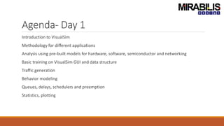 Agenda- Day 1
Introduction to VisualSim
Methodology for different applications
Analysis using pre-built models for hardware, software, semiconductor and networking
Basic training on VisualSim GUI and data structure
Traffic generation
Behavior modeling
Queues, delays, schedulers and preemption
Statistics, plotting
 