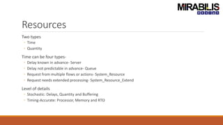 Resources
Two types
◦ Time
◦ Quantity
Time can be four types-
◦ Delay known in advance- Server
◦ Delay not predictable in advance- Queue
◦ Request from multiple flows or actions- System_Resource
◦ Request needs extended processing- System_Resource_Extend
Level of details
◦ Stochastic: Delays, Quantity and Buffering
◦ Timing-Accurate: Processor, Memory and RTO
 