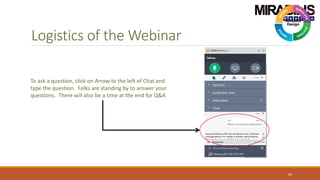 Logistics of the Webinar
62
To ask a question, click on Arrow to the left of Chat and
type the question. Folks are standing by to answer your
questions. There will also be a time at the end for Q&A
 