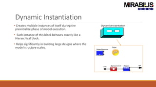 Dynamic Instantiation
• Creates multiple instances of itself during the
preinitialize phase of model execution.
• Each instance of this block behaves exactly like a
Hierarchical block.
• Helps significantly in building large designs where the
model structure scales.
 