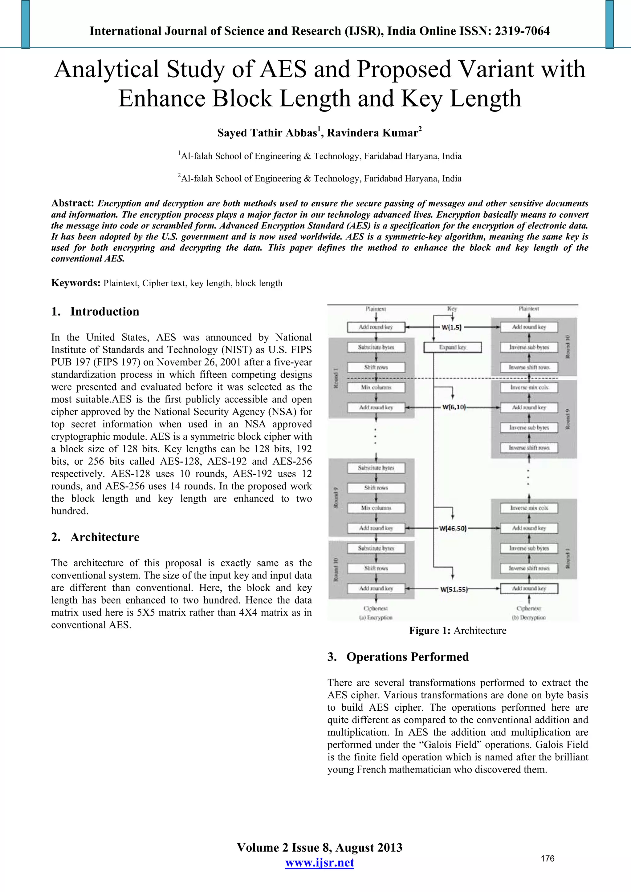 International Journal of Science and Research (IJSR), India Online ISSN: 2319-7064
Volume 2 Issue 8, August 2013
www.ijsr.net
Analytical Study of AES and Proposed Variant with
Enhance Block Length and Key Length
Sayed Tathir Abbas1
, Ravindera Kumar2
1
Al-falah School of Engineering & Technology, Faridabad Haryana, India
2
Al-falah School of Engineering & Technology, Faridabad Haryana, India
Abstract: Encryption and decryption are both methods used to ensure the secure passing of messages and other sensitive documents
and information. The encryption process plays a major factor in our technology advanced lives. Encryption basically means to convert
the message into code or scrambled form. Advanced Encryption Standard (AES) is a specification for the encryption of electronic data.
It has been adopted by the U.S. government and is now used worldwide. AES is a symmetric-key algorithm, meaning the same key is
used for both encrypting and decrypting the data. This paper defines the method to enhance the block and key length of the
conventional AES.
Keywords: Plaintext, Cipher text, key length, block length
1. Introduction
In the United States, AES was announced by National
Institute of Standards and Technology (NIST) as U.S. FIPS
PUB 197 (FIPS 197) on November 26, 2001 after a five-year
standardization process in which fifteen competing designs
were presented and evaluated before it was selected as the
most suitable.AES is the first publicly accessible and open
cipher approved by the National Security Agency (NSA) for
top secret information when used in an NSA approved
cryptographic module. AES is a symmetric block cipher with
a block size of 128 bits. Key lengths can be 128 bits, 192
bits, or 256 bits called AES-128, AES-192 and AES-256
respectively. AES-128 uses 10 rounds, AES-192 uses 12
rounds, and AES-256 uses 14 rounds. In the proposed work
the block length and key length are enhanced to two
hundred.
2. Architecture
The architecture of this proposal is exactly same as the
conventional system. The size of the input key and input data
are different than conventional. Here, the block and key
length has been enhanced to two hundred. Hence the data
matrix used here is 5X5 matrix rather than 4X4 matrix as in
conventional AES.
Figure 1: Architecture
3. Operations Performed
There are several transformations performed to extract the
AES cipher. Various transformations are done on byte basis
to build AES cipher. The operations performed here are
quite different as compared to the conventional addition and
multiplication. In AES the addition and multiplication are
performed under the “Galois Field” operations. Galois Field
is the finite field operation which is named after the brilliant
young French mathematician who discovered them.
176
 