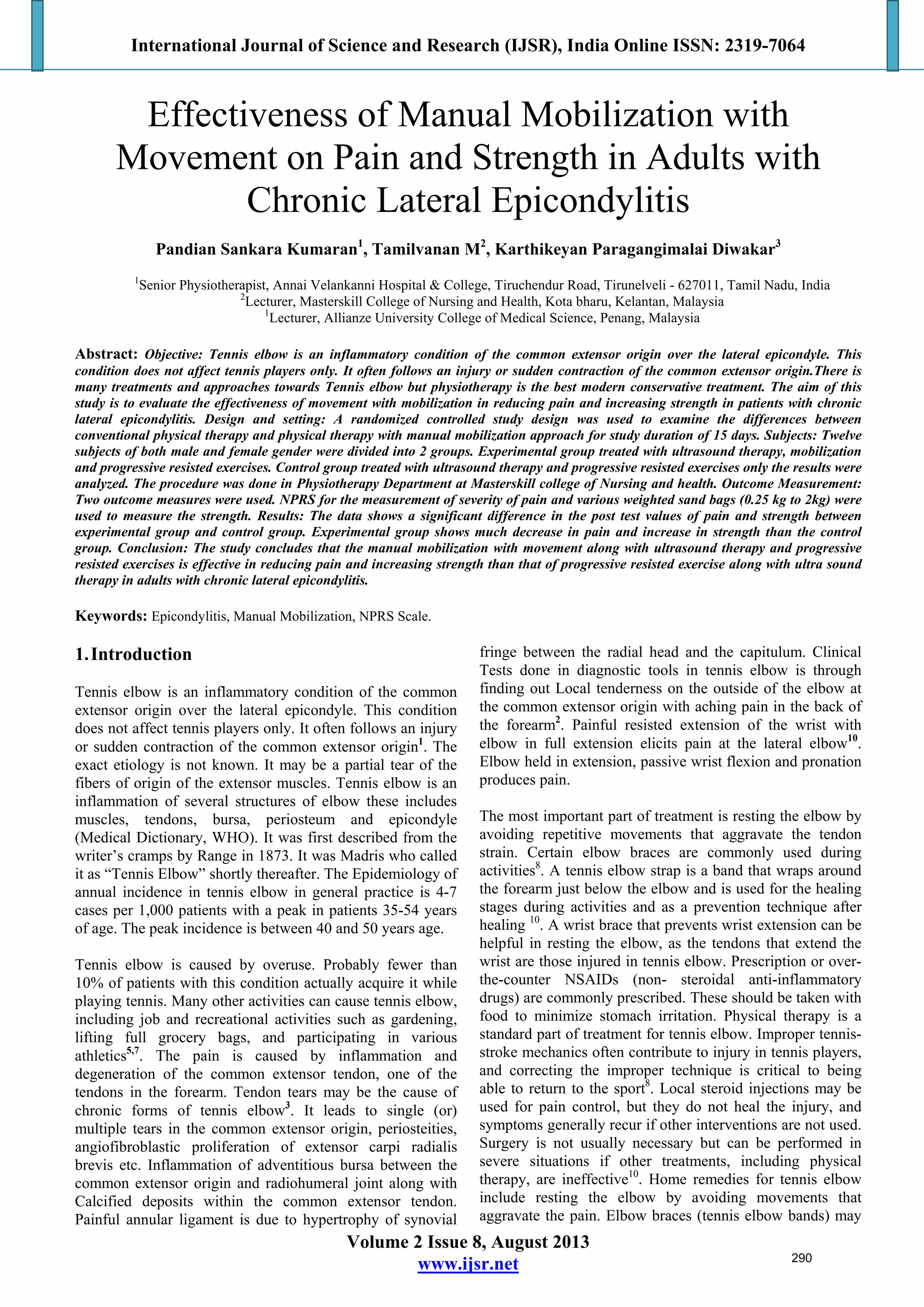 Effectiveness of Manual Mobilization with Movement on Pain and Strength ...