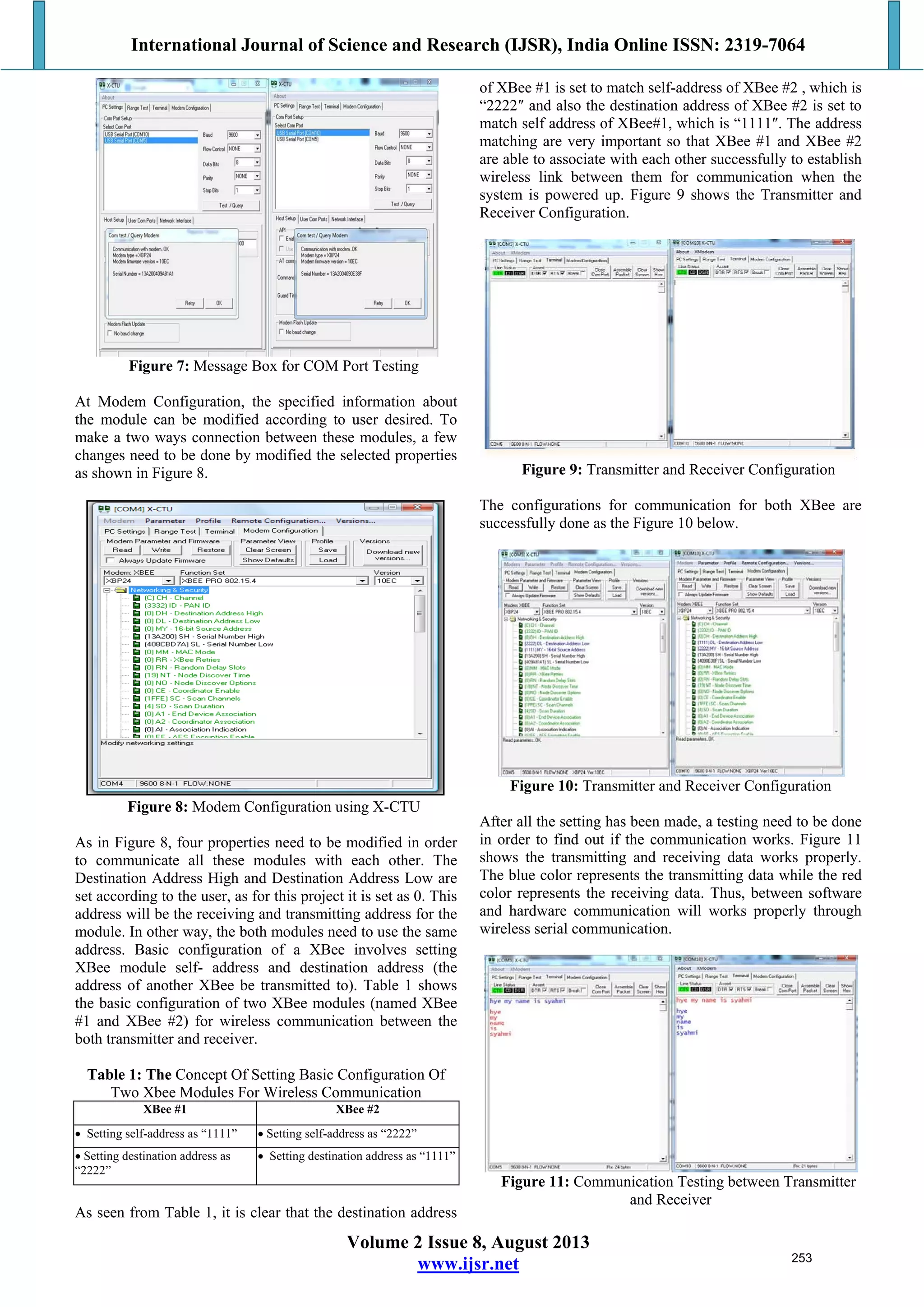 International Journal of Science and Research (IJSR), India Online ISSN: 2319-7064
Volume 2 Issue 8, August 2013
www.ijsr.net
Figure 7: Message Box for COM Port Testing
At Modem Configuration, the specified information about
the module can be modified according to user desired. To
make a two ways connection between these modules, a few
changes need to be done by modified the selected properties
as shown in Figure 8.
Figure 8: Modem Configuration using X-CTU
As in Figure 8, four properties need to be modified in order
to communicate all these modules with each other. The
Destination Address High and Destination Address Low are
set according to the user, as for this project it is set as 0. This
address will be the receiving and transmitting address for the
module. In other way, the both modules need to use the same
address. Basic configuration of a XBee involves setting
XBee module self- address and destination address (the
address of another XBee be transmitted to). Table 1 shows
the basic configuration of two XBee modules (named XBee
#1 and XBee #2) for wireless communication between the
both transmitter and receiver.
Table 1: The Concept Of Setting Basic Configuration Of
Two Xbee Modules For Wireless Communication
XBee #1 XBee #2
 Setting self-address as “1111”  Setting self-address as “2222”
 Setting destination address as
“2222”
 Setting destination address as “1111”
As seen from Table 1, it is clear that the destination address
of XBee #1 is set to match self-address of XBee #2 , which is
“2222″ and also the destination address of XBee #2 is set to
match self address of XBee#1, which is “1111″. The address
matching are very important so that XBee #1 and XBee #2
are able to associate with each other successfully to establish
wireless link between them for communication when the
system is powered up. Figure 9 shows the Transmitter and
Receiver Configuration.
Figure 9: Transmitter and Receiver Configuration
The configurations for communication for both XBee are
successfully done as the Figure 10 below.
Figure 10: Transmitter and Receiver Configuration
After all the setting has been made, a testing need to be done
in order to find out if the communication works. Figure 11
shows the transmitting and receiving data works properly.
The blue color represents the transmitting data while the red
color represents the receiving data. Thus, between software
and hardware communication will works properly through
wireless serial communication.
Figure 11: Communication Testing between Transmitter
and Receiver
253
 