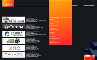 [indie] Reporte 2011 www.motordejuegos.net
104
Empresa: Game Salad Inc.
Engine: GameSalad
Plataforma Desarrollo: Mac
Plataforma de Juego: PC, iOS, Android, HTML5
Link: www.gamesalad.com
Empresa: Ansca Inc.
Engine: Corona SDK
Plataforma Desarrollo: Mac, Win
Plataforma de Juego: iOS, Android, Kindle
Link: www.anscamobile.com
Empresa: Scirra Creaton Tools
Engine: Construct 2
Plataforma Desarrollo: Win
Plataforma de Juego: Fafebook, Google, HTML5
Link: www.scirra.com
Empresa: YoYo Games
Engine: Game Maker
Plataforma Desarrollo: Win, Mac
Plataforma de Juego: PC, HTML5
Link: www.yoyogames.com
Empresa: Microsoft
Engine: XNA Game Studio
Plataforma Desarrollo: Win
Plataforma de Juego: PC, XBLA
Link: http://create.msdn.com
Empresa: Garage Games
Engine: Torque 2D / iTorque 2D
Plataforma Desarrollo: Win, Mac
Plataforma de Juego: PC, Web, iOS
Link: www.garagegames.com
Software para Creación de Contenido
Blender
www.blender.org
GIMP
www.gimp.org
Inkscape
www.inkscape.org
Audacity
http://audacity.sourceforge.net
OpenOffice
www.openoffice.org
Dropbox
www.dropbox.com
 
