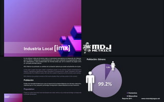 047
Industria Local [imx]
En los últimos 3 años se ha hecho notar un crecimiento importante en el desarrollo de videojue-
gos en México, destacando considerablemente una mayor población de programadores, artis-
tas, diseñadores y otros profesionales de diversas áreas que ven la creación de juegos como
su principal actividad laboral.
MDJ Metrics ha publicado un análisis de la situación laboral que existe actualmente en el país.
In the past 3 years has been noted a significant growth in the activity of game development in
Mexico, highlighting significantly larger population of programmers, artists, designers and other
professionals from different areas who see the creation of games as their primary work activity.
MDJ Metrics has posted a review of the work situation that currently exists in the country.
Población
Existe una marcada tendencia en que la mayoría de los desarrolladores son del sexo masculino,
mientras que un muy pequeño porcentaje corresponde a desarrolladores de sexo femenino.
Population
There is a clear trend that most developers are male, while a very small percentage corresponds
to female developers.
Reporte 2011 www.motordejuegos.net
Población: Género
Femenino
Masculino
99.2%
7.8%
 