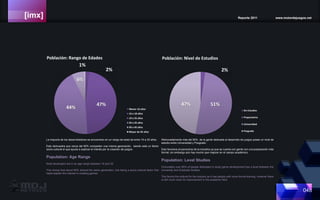 [imx] Reporte 2011 www.motordejuegos.net
048
2%
47%
44%
6%
1%
Población: Rango de Edades
Menor 16 años
16 a 18 años
19 a 25 años
26 a 35 años
36 a 45 años
Mayor de 45 años
La mayoría de los desarrolladores se encuentran en un rango de edad de entre 19 a 35 años.
Esto demuestra que cerca del 90% comparten una misma generación, siendo este un factor
socio-cultural el que ayuda a explicar el interés por la creación de juegos.
Population: Age Range
Most developers are in an age range between 19 and 35.
This shows that about 90% shared the same generation, this being a socio-cultural factor that
helps explain the interest in creating games.
2%
51%47%
Población: Nivel de Estudios
Sin Estudios
Preparatoria
Universidad
Posgrado
Afortunadamente más del 90% de la gente dedicada al desarrollo de juegos posee un nivel de
estudio entre Universidad y Posgrado.
Esto favorece al panorama de la industria ya que se cuenta con gente con una preparación más
formal, sin embargo aún hay mucho que mejorar en el campo académico.
Population: Level Studies
Fortunately over 90% of people dedicated to study game development has a level between the
University and Graduate Studies.
This favors the outlook for the industry as it has people with more formal training, however there
is still much room for improvement in the academic field.
 