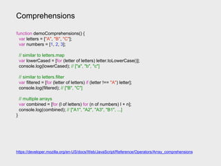Comprehensions
https://developer.mozilla.org/en-US/docs/Web/JavaScript/Reference/Operators/Array_comprehensions
function demoComprehensions() {
var letters = ["A", "B", "C"];
var numbers = [1, 2, 3];
// similar to letters.map
var lowerCased = [for (letter of letters) letter.toLowerCase()];
console.log(lowerCased); // ["a", "b", "c"]
// similar to letters.filter
var filtered = [for (letter of letters) if (letter !== "A") letter];
console.log(filtered); // ["B", "C"]
// multiple arrays
var combined = [for (l of letters) for (n of numbers) l + n];
console.log(combined); // ["A1", "A2", "A3", "B1", ...]
}
 