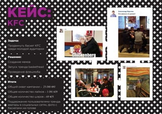 КЕЙС:
KFC
Задача:
Продвинуть баскет KFC
среди молодой аудитории
Решение:
Создание мемов
Запуск тренда baskethead
Проведение флешмоба
Итоги:
Общий охват кампании – 25 088 490
Общее количество лайков – 1 081 609
Общее количество шэров – 69 405
Поддержание пользователями тренда:
аватары в социальных сетях, фото с
баскетами на голове
 
