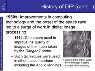 12
of
36
History of DIP (cont…)
1960s: Improvements in computing
technology and the onset of the space race
led to a surge of work in digital image
processing
– 1964: Computers used to
improve the quality of
images of the moon taken
by the Ranger 7 probe
– Such techniques were used
in other space missions
including the Apollo landings
A picture of the moon taken
by the Ranger 7 probe
minutes before landing
Images
taken
from
Gonzalez
&
Woods,
Digital
Image
Processing
(2002)
 