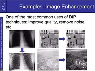 15
of
36
Examples: Image Enhancement
One of the most common uses of DIP
techniques: improve quality, remove noise
etc
Images
taken
from
Gonzalez
&
Woods,
Digital
Image
Processing
(2002)
 