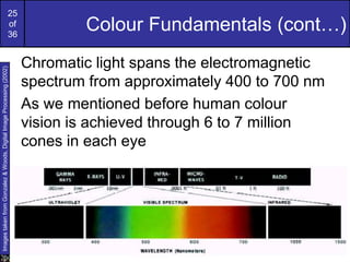 25
of
36
Colour Fundamentals (cont…)
Chromatic light spans the electromagnetic
spectrum from approximately 400 to 700 nm
As we mentioned before human colour
vision is achieved through 6 to 7 million
cones in each eye
Images
taken
from
Gonzalez
&
Woods,
Digital
Image
Processing
(2002)
 