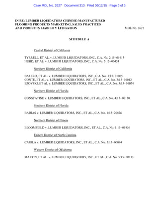 IN RE: LUMBER LIQUIDATORS CHINESE-MANUFACTURED
FLOORING PRODUCTS MARKETING, SALES PRACTICES
AND PRODUCTS LIABILITY LITIGATION MDL No. 2627
SCHEDULE A
Central District of California
TYRRELL, ET AL. v. LUMBER LIQUIDATORS, INC., C.A. No. 2:15!01615
HURD, ET AL. v. LUMBER LIQUIDATORS, INC., C.A. No. 5:15!00424
Northern District of California
BALERO, ET AL. v. LUMBER LIQUIDATORS, INC., C.A. No. 3:15!01005
CONTE, ET AL. v. LUMBER LIQUIDATORS, INC., ET AL., C.A. No. 3:15!01012
EZOVSKI, ET AL v. LUMBER LIQUIDATORS, INC., ET AL., C.A. No. 5:15!01074
Northern District of Florida
CONSTATINE v. LUMBER LIQUIDATORS, INC., ET AL., C.A. No. 4:15!00130
Southern District of Florida
BADIAS v. LUMBER LIQUIDATORS, INC., ET AL., C.A. No. 1:15!20876
Northern District of Illinois
BLOOMFIELD v. LUMBER LIQUIDATORS, INC., ET AL., C.A. No. 1:15!01956
Eastern District of North Carolina
CAIOLA v. LUMBER LIQUIDATORS, INC., ET AL., C.A. No. 5:15!00094
Western District of Oklahoma
MARTIN, ET AL. v. LUMBER LIQUIDATORS, INC., ET AL., C.A. No. 5:15!00233
Case MDL No. 2627 Document 313 Filed 06/12/15 Page 3 of 3
 