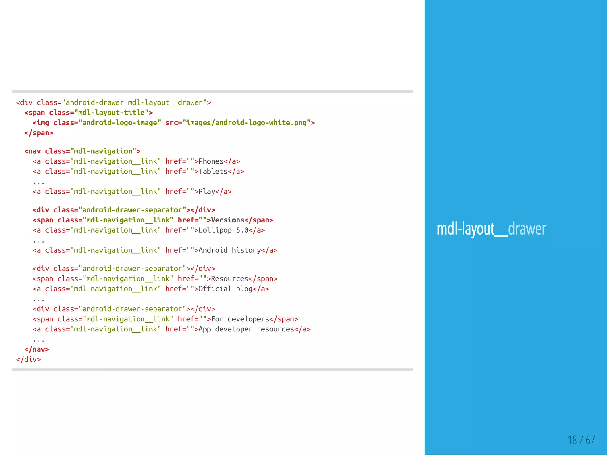 18 / 67
<divclass="android-drawermdl-layout__drawer">
<spanclass="mdl-layout-title">
<imgclass="android-logo-image"src="images/android-logo-white.png">
</span>
<navclass="mdl-navigation">
<aclass="mdl-navigation__link"href="">Phones</a>
<aclass="mdl-navigation__link"href="">Tablets</a>
...
<aclass="mdl-navigation__link"href="">Play</a>
<divclass="android-drawer-separator"></div>
<spanclass="mdl-navigation__link"href="">Versions</span>
<aclass="mdl-navigation__link"href="">Lollipop5.0</a>
...
<aclass="mdl-navigation__link"href="">Androidhistory</a>
<divclass="android-drawer-separator"></div>
<spanclass="mdl-navigation__link"href="">Resources</span>
<aclass="mdl-navigation__link"href="">Officialblog</a>
...
<divclass="android-drawer-separator"></div>
<spanclass="mdl-navigation__link"href="">Fordevelopers</span>
<aclass="mdl-navigation__link"href="">Appdeveloperresources</a>
...
</nav>
</div>
mdl-layout__drawer
 
