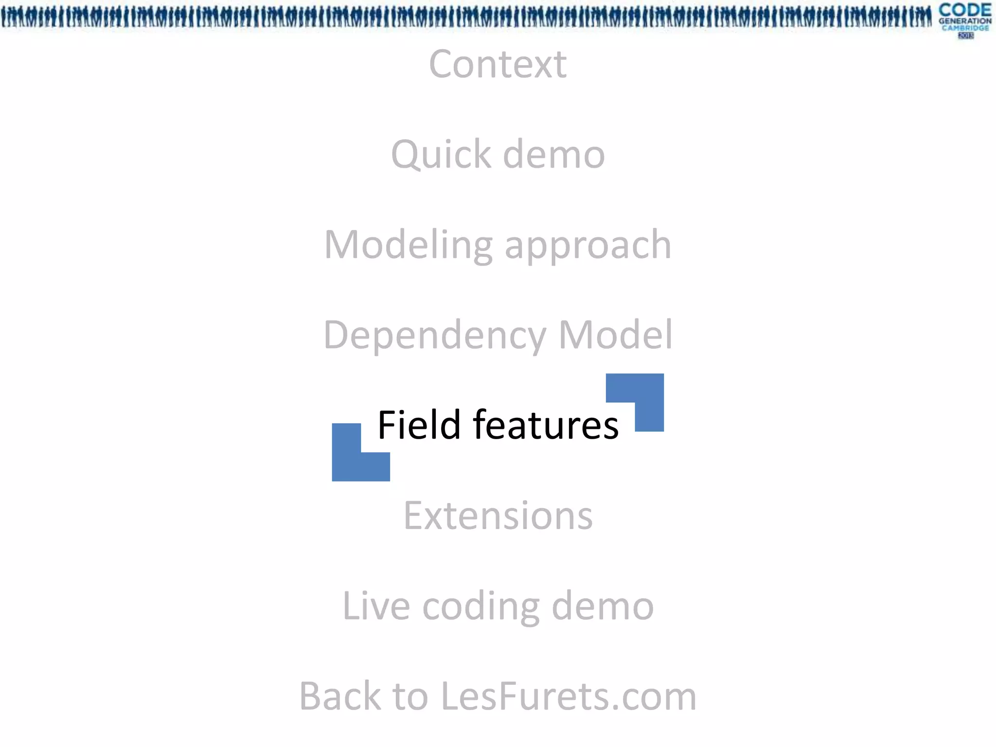 Context

    Quick demo

 Modeling approach

 Dependency Model

    Field features

     Extensions

  Live coding demo

Back to LesFurets.com
 