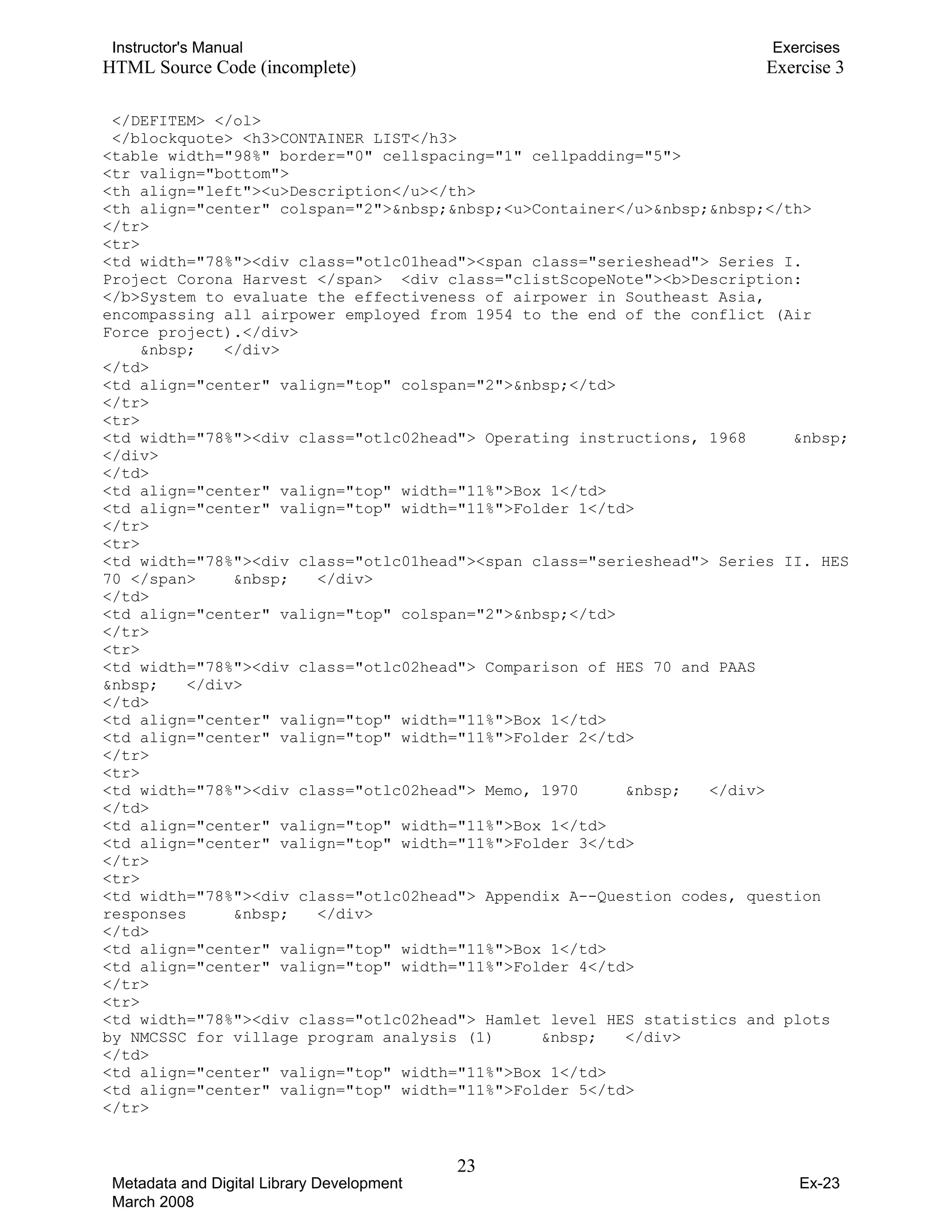 Instructor's Manual Exercises
HTML Source Code (incomplete) Exercise 3
</DEFITEM> </ol>
</blockquote> <h3>CONTAINER LIST</h3>
<table width="98%" border="0" cellspacing="1" cellpadding="5">
<tr valign="bottom">
<th align="left"><u>Description</u></th>
<th align="center" colspan="2">&nbsp;&nbsp;<u>Container</u>&nbsp;&nbsp;</th>
</tr>
<tr>
<td width="78%"><div class="otlc01head"><span class="serieshead"> Series I.
Project Corona Harvest </span> <div class="clistScopeNote"><b>Description:
</b>System to evaluate the effectiveness of airpower in Southeast Asia,
encompassing all airpower employed from 1954 to the end of the conflict (Air
Force project).</div>
&nbsp; </div>
</td>
<td align="center" valign="top" colspan="2">&nbsp;</td>
</tr>
<tr>
<td width="78%"><div class="otlc02head"> Operating instructions, 1968 &nbsp;
</div>
</td>
<td align="center" valign="top" width="11%">Box 1</td>
<td align="center" valign="top" width="11%">Folder 1</td>
</tr>
<tr>
<td width="78%"><div class="otlc01head"><span class="serieshead"> Series II. HES
70 </span> &nbsp; </div>
</td>
<td align="center" valign="top" colspan="2">&nbsp;</td>
</tr>
<tr>
<td width="78%"><div class="otlc02head"> Comparison of HES 70 and PAAS
&nbsp; </div>
</td>
<td align="center" valign="top" width="11%">Box 1</td>
<td align="center" valign="top" width="11%">Folder 2</td>
</tr>
<tr>
<td width="78%"><div class="otlc02head"> Memo, 1970 &nbsp; </div>
</td>
<td align="center" valign="top" width="11%">Box 1</td>
<td align="center" valign="top" width="11%">Folder 3</td>
</tr>
<tr>
<td width="78%"><div class="otlc02head"> Appendix A--Question codes, question
responses &nbsp; </div>
</td>
<td align="center" valign="top" width="11%">Box 1</td>
<td align="center" valign="top" width="11%">Folder 4</td>
</tr>
<tr>
<td width="78%"><div class="otlc02head"> Hamlet level HES statistics and plots
by NMCSSC for village program analysis (1) &nbsp; </div>
</td>
<td align="center" valign="top" width="11%">Box 1</td>
<td align="center" valign="top" width="11%">Folder 5</td>
</tr>
23 

Metadata and Digital Library Development
March 2008
Ex-23
 