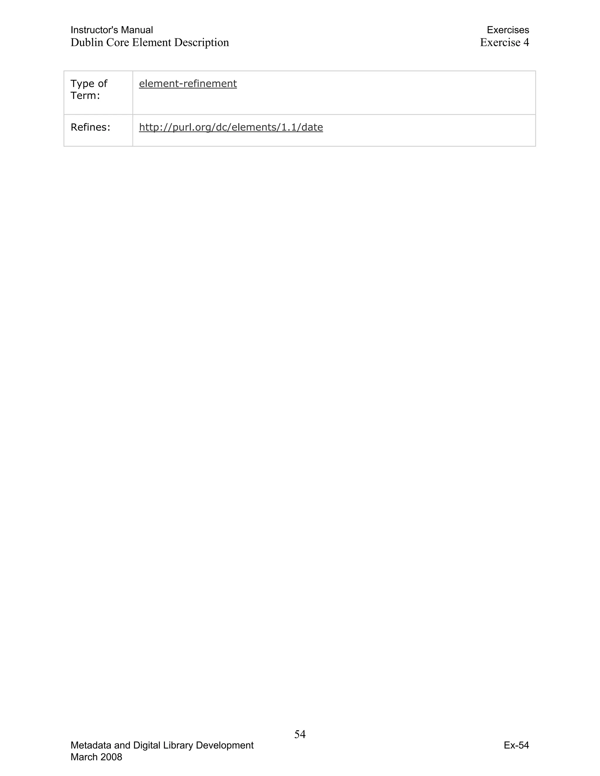 Instructor's Manual Exercises
Dublin Core Element Description Exercise 4
Type of
Term:
element-refinement
Refines: http://purl.org/dc/elements/1.1/date
54 

Metadata and Digital Library Development
March 2008
Ex-54
 