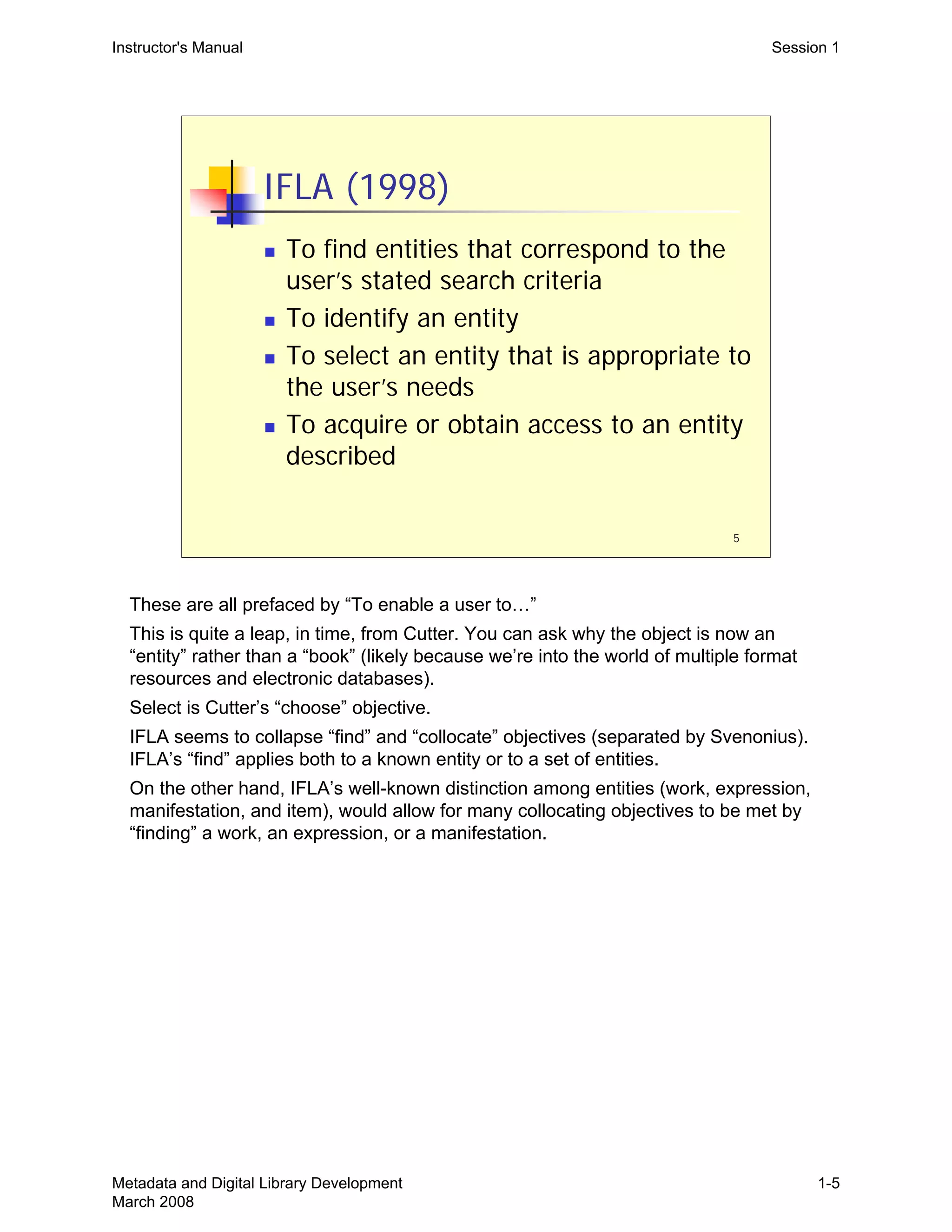 5
IFLA (1998)
„ To find entities that correspond to the
user’s stated search criteria
„ To identify an entity
„ To select an entity that is appropriate to
the user’s needs
„ To acquire or obtain access to an entity
described
Instructor's Manual Session 1
These are all prefaced by “To enable a user to…”

This is quite a leap, in time, from Cutter. You can ask why the object is now an 

“entity” rather than a “book” (likely because we’re into the world of multiple format 

resources and electronic databases).

Select is Cutter’s “choose” objective.

IFLA seems to collapse “find” and “collocate” objectives (separated by Svenonius).

IFLA’s “find” applies both to a known entity or to a set of entities.

On the other hand, IFLA’s well-known distinction among entities (work, expression, 

manifestation, and item), would allow for many collocating objectives to be met by 

“finding” a work, an expression, or a manifestation.

Metadata and Digital Library Development
March 2008
1-5
 