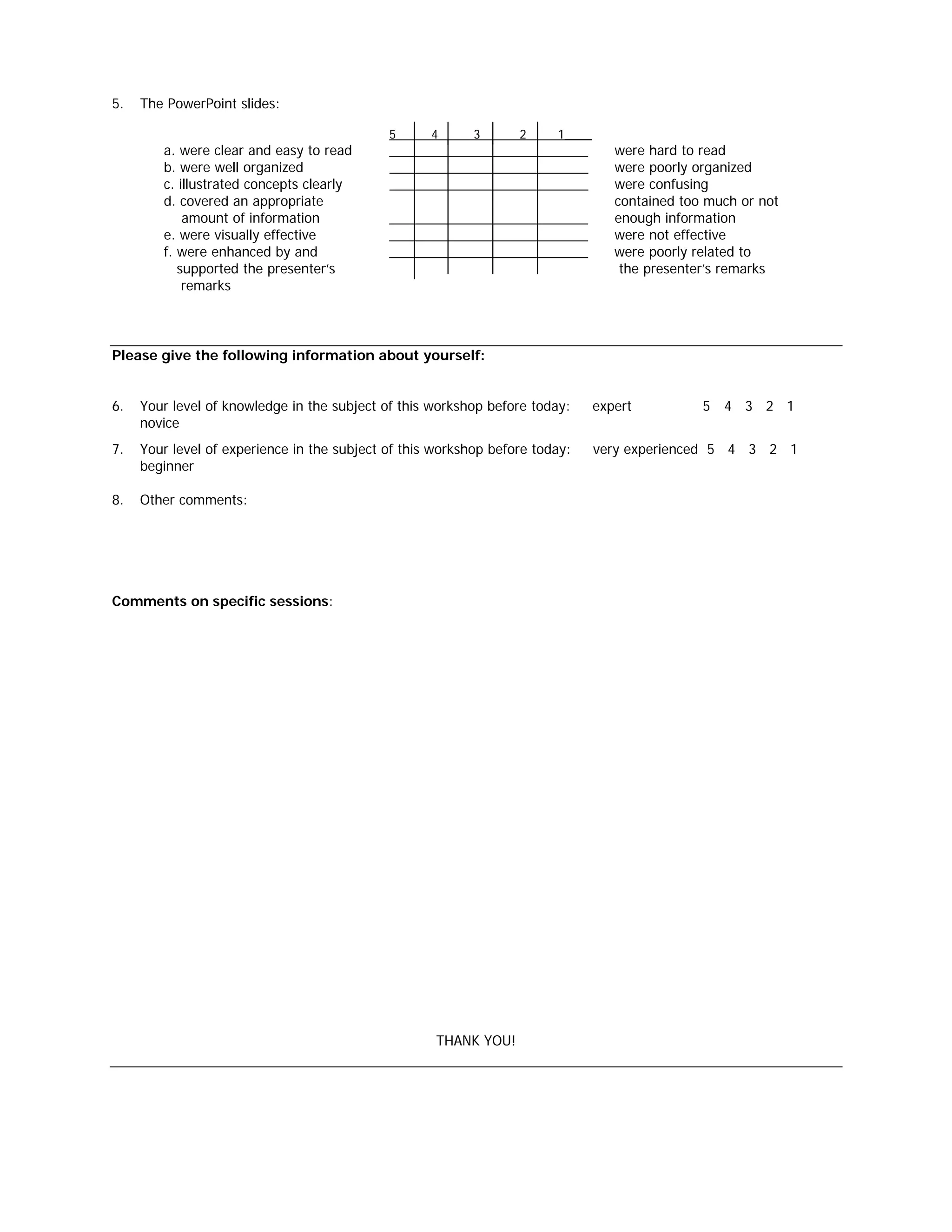 __________________________
__________________________
__________________________
__________________________
__________________________
__________________________
5.	 The PowerPoint slides:
a. were clear and easy to read
b. were well organized
c. illustrated concepts clearly
d. covered an appropriate
amount of information
e. were visually effective
f. were enhanced by and
supported the presenter’s
remarks
5 4 3 2 1____
were hard to read
were poorly organized
were confusing
contained too much or not
enough information
were not effective
were poorly related to
the presenter’s remarks
Please give the following information about yourself:
6.	 Your level of knowledge in the subject of this workshop before today: expert 5 4 3 2 1
novice
7.	 Your level of experience in the subject of this workshop before today: very experienced 5 4 3 2 1
beginner
8.	 Other comments:
Comments on specific sessions:
THANK YOU!
 