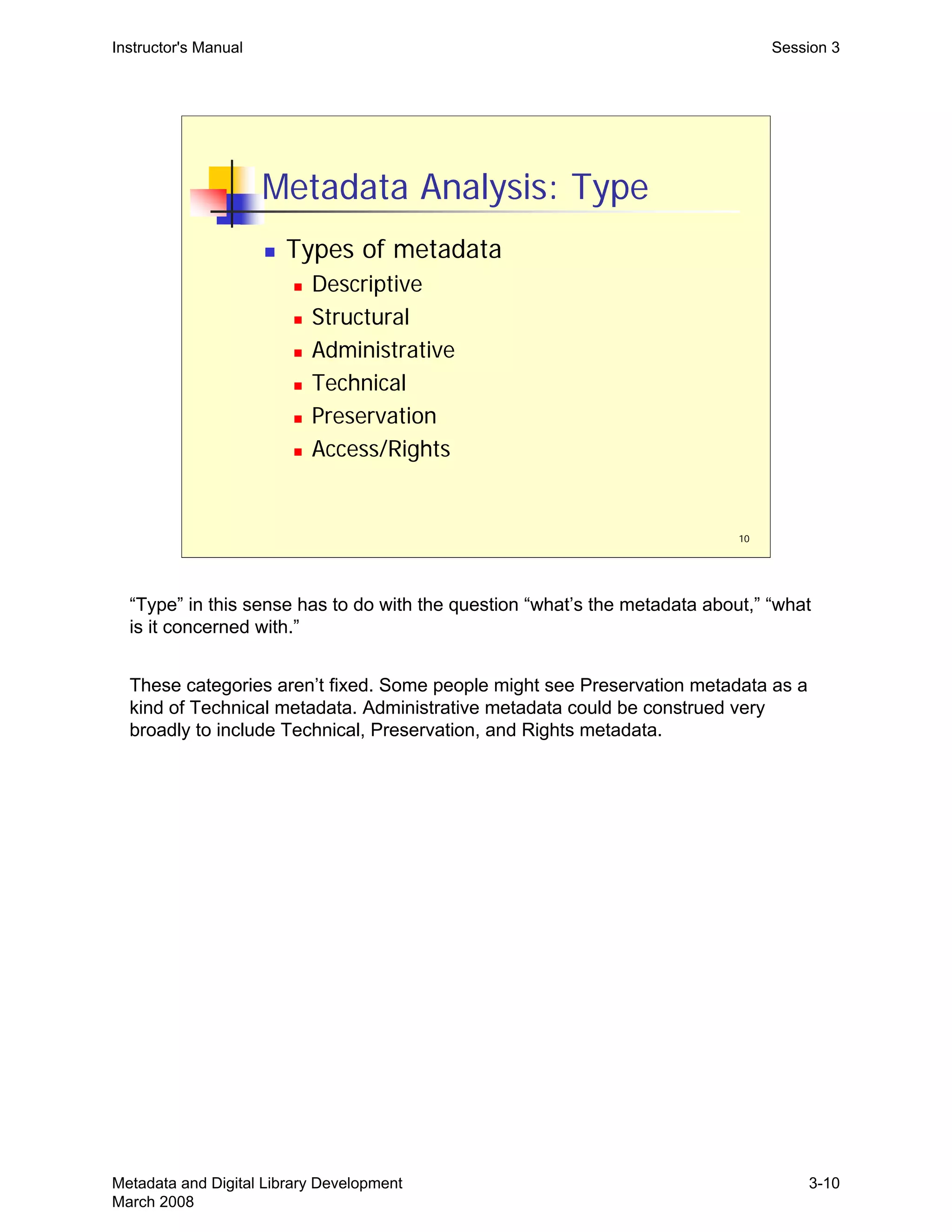 10
Metadata Analysis: Type
„ Types of metadata
„ Descriptive
„ Structural
„ Administrative
„ Technical
„ Preservation
„ Access/Rights
Instructor's Manual Session 3
“Type” in this sense has to do with the question “what’s the metadata about,” “what
is it concerned with.”
These categories aren’t fixed. Some people might see Preservation metadata as a
kind of Technical metadata. Administrative metadata could be construed very
broadly to include Technical, Preservation, and Rights metadata.
Metadata and Digital Library Development
March 2008
3-10
 