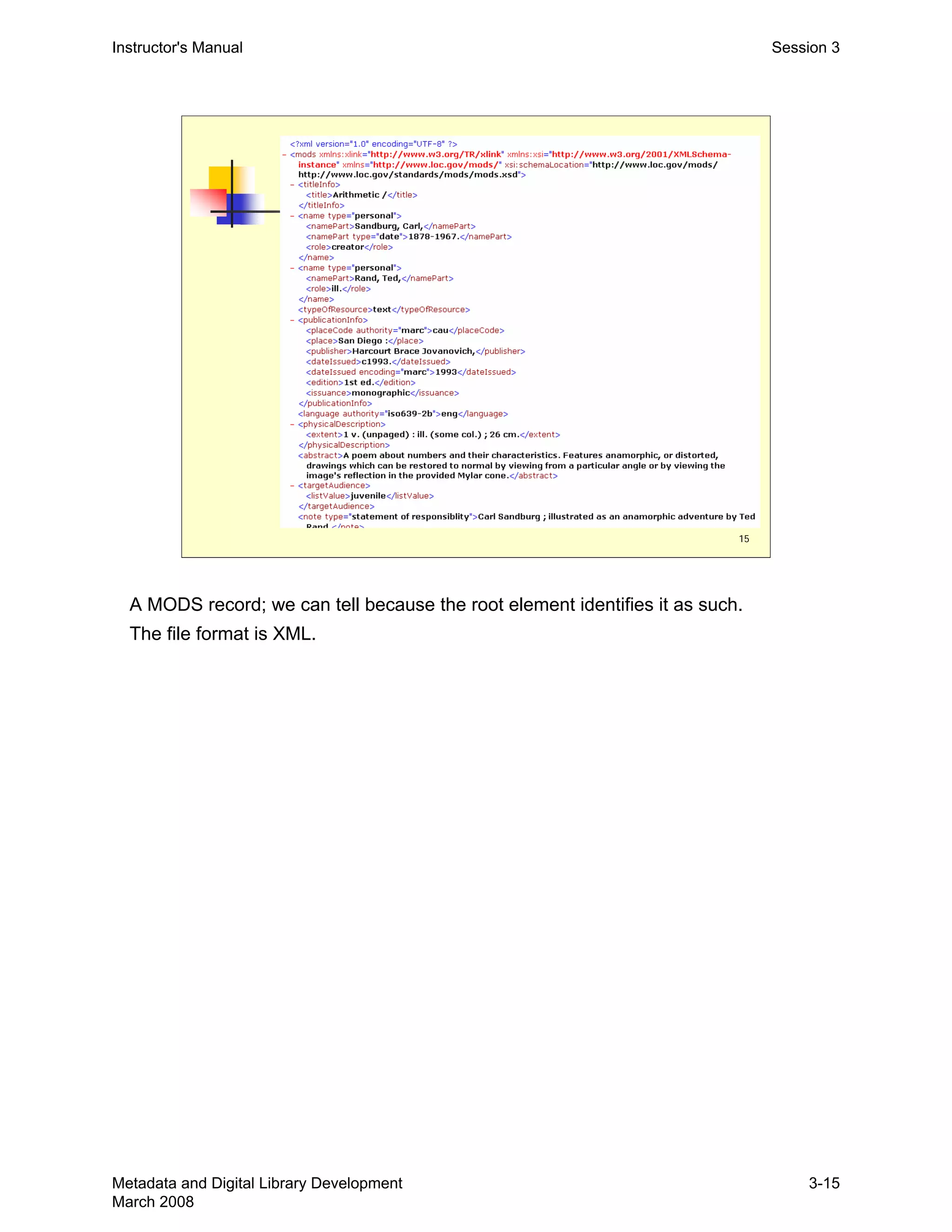 Instructor's Manual Session 3
15
A MODS record; we can tell because the root element identifies it as such.
The file format is XML.
Metadata and Digital Library Development
March 2008
3-15
 