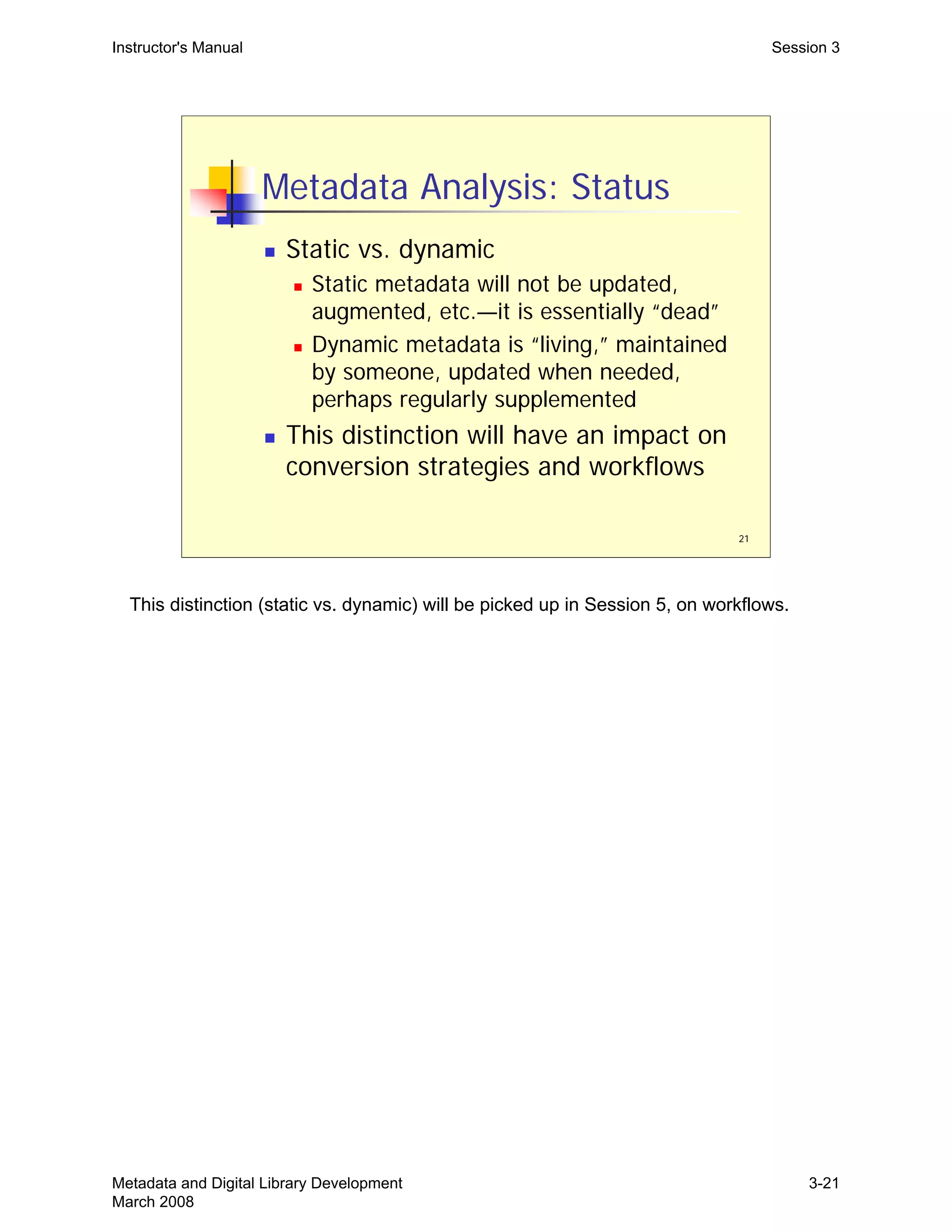 21
Metadata Analysis: Status
„ Static vs. dynamic
„ Static metadata will not be updated,
augmented, etc.—it is essentially “dead”
„ Dynamic metadata is “living,” maintained
by someone, updated when needed,
perhaps regularly supplemented
„ This distinction will have an impact on
conversion strategies and workflows
Instructor's Manual Session 3
This distinction (static vs. dynamic) will be picked up in Session 5, on workflows.
Metadata and Digital Library Development
March 2008
3-21
 
