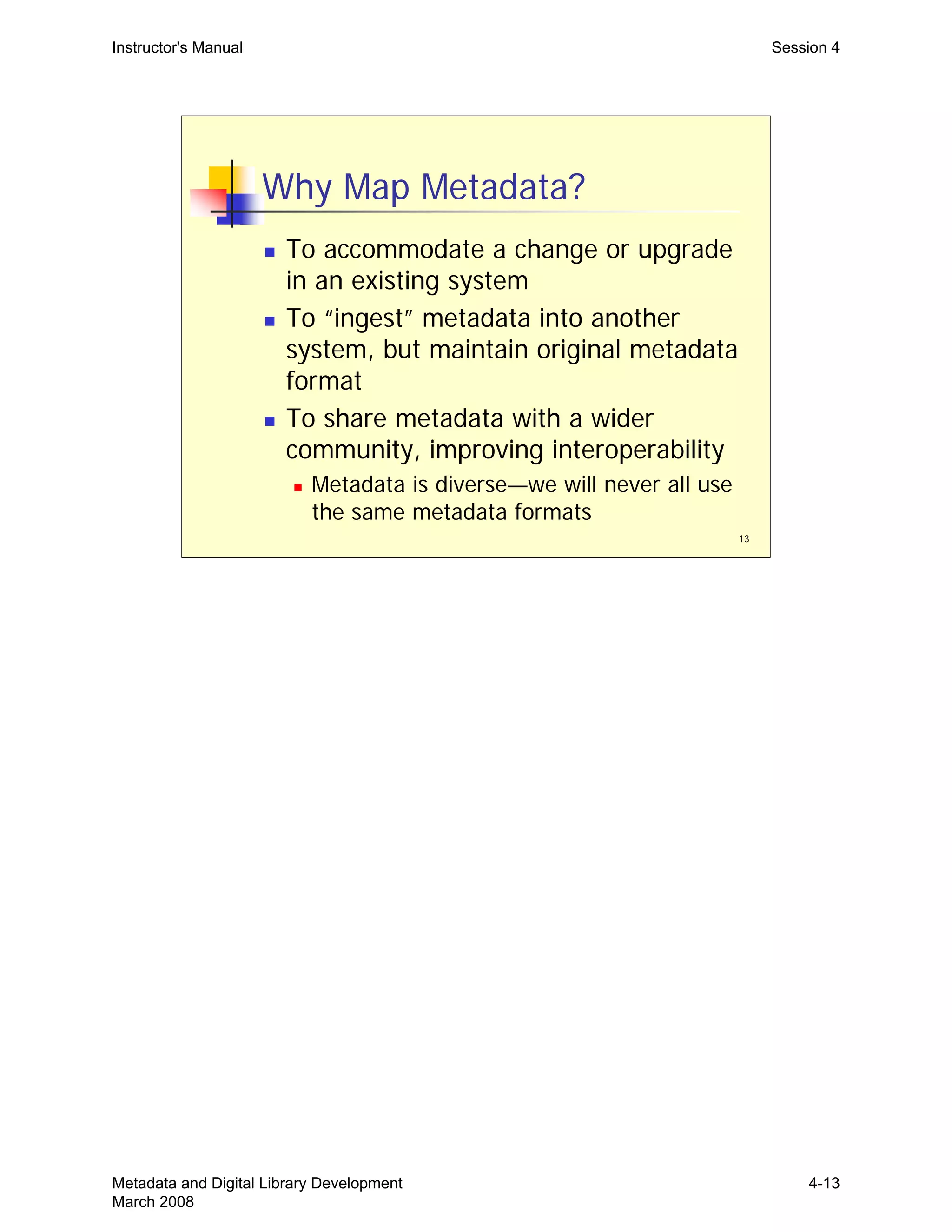 Instructor's Manual Session 4
Why Map Metadata?
„	 To accommodate a change or upgrade
in an existing system
„	 To “ingest” metadata into another
system, but maintain original metadata
format
„ To share metadata with a wider
community, improving interoperability
„ Metadata is diverse—we will never all use
the same metadata formats
13
Metadata and Digital Library Development
March 2008
4-13
 