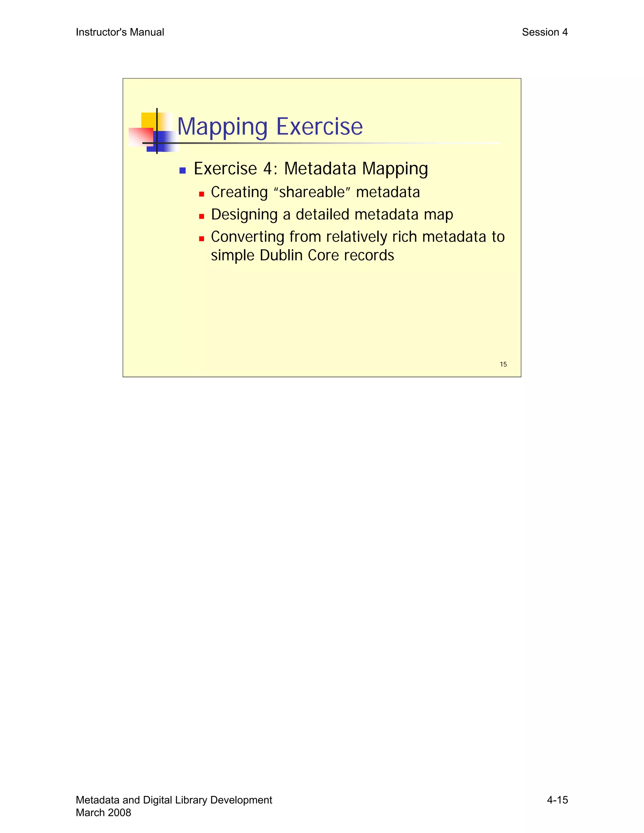 Instructor's Manual Session 4
Mapping Exercise
„ Exercise 4: Metadata Mapping
„ Creating “shareable” metadata
„ Designing a detailed metadata map
„ Converting from relatively rich metadata to
simple Dublin Core records
15
Metadata and Digital Library Development
March 2008
4-15
 