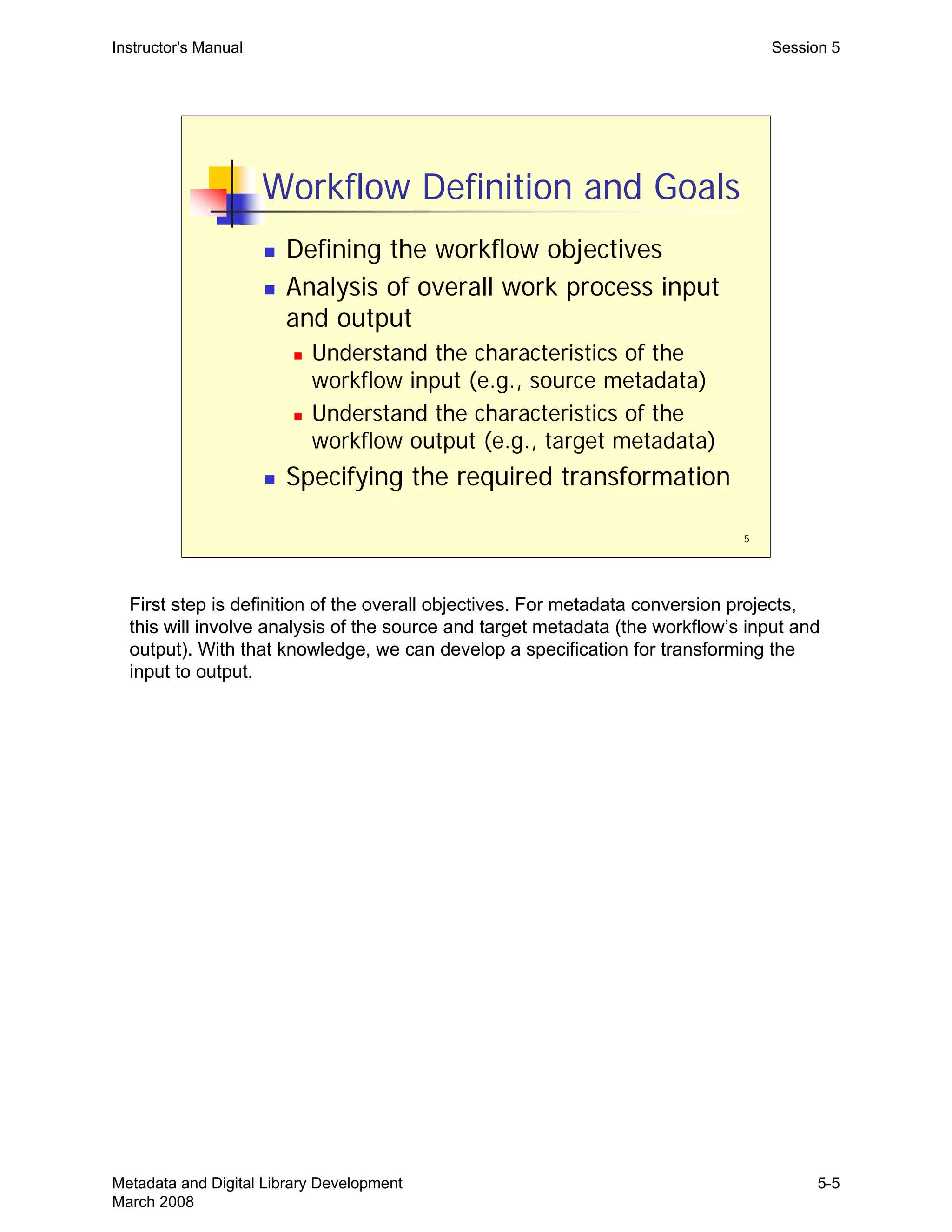 5
Workflow Definition and Goals
„ Defining the workflow objectives
„ Analysis of overall work process input
and output
„ Understand the characteristics of the
workflow input (e.g., source metadata)
„ Understand the characteristics of the
workflow output (e.g., target metadata)
„ Specifying the required transformation
Instructor's Manual Session 5
First step is definition of the overall objectives. For metadata conversion projects,
this will involve analysis of the source and target metadata (the workflow’s input and
output). With that knowledge, we can develop a specification for transforming the
input to output.
Metadata and Digital Library Development
March 2008
5-5
 
