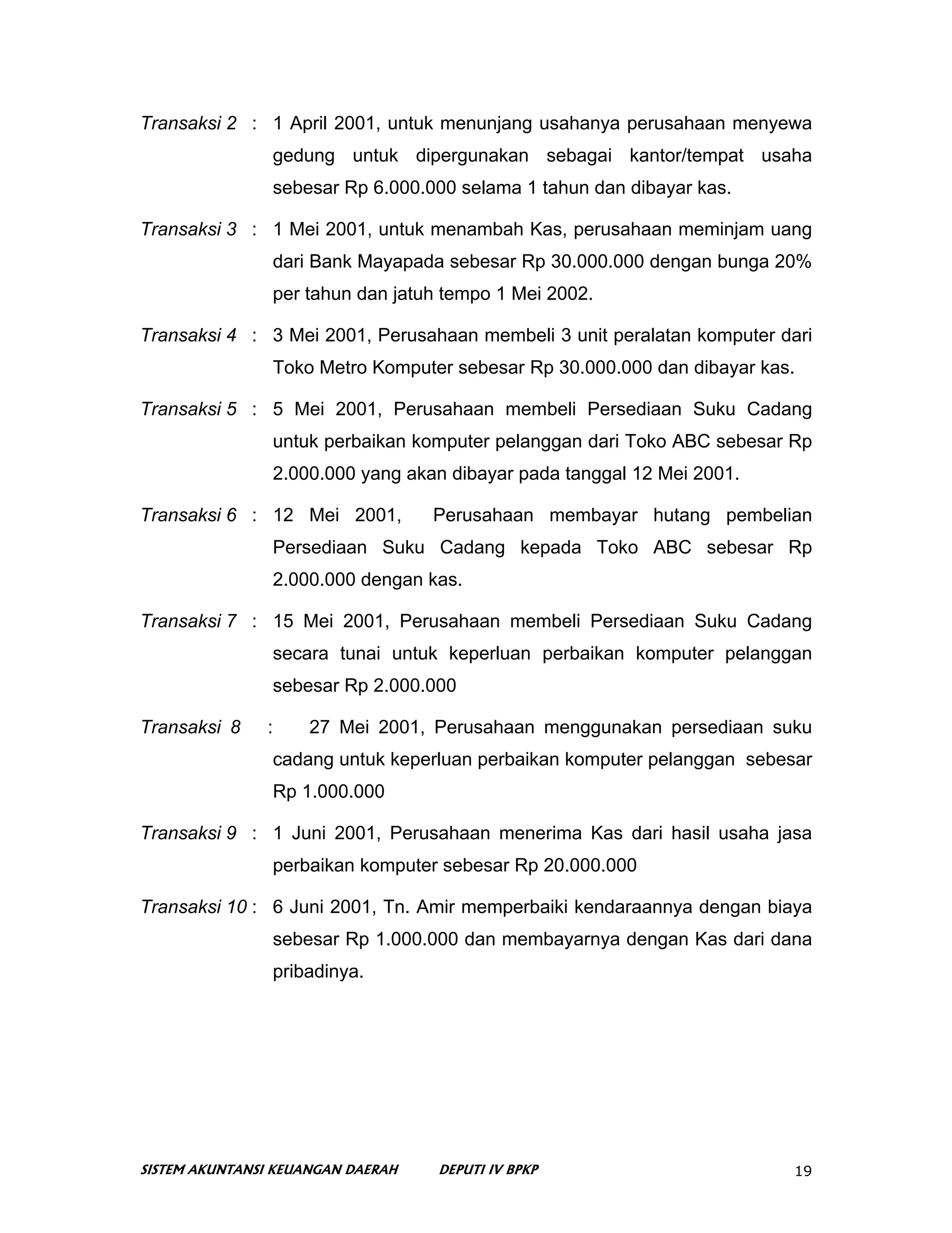 Transaksi 2 : 1 April 2001, untuk menunjang usahanya perusahaan menyewa
                gedung untuk dipergunakan sebagai kantor/tempat usaha
                sebesar Rp 6.000.000 selama 1 tahun dan dibayar kas.

Transaksi 3 : 1 Mei 2001, untuk menambah Kas, perusahaan meminjam uang
                dari Bank Mayapada sebesar Rp 30.000.000 dengan bunga 20%
                per tahun dan jatuh tempo 1 Mei 2002.

Transaksi 4 : 3 Mei 2001, Perusahaan membeli 3 unit peralatan komputer dari
                Toko Metro Komputer sebesar Rp 30.000.000 dan dibayar kas.

Transaksi 5 : 5 Mei 2001, Perusahaan membeli Persediaan Suku Cadang
                untuk perbaikan komputer pelanggan dari Toko ABC sebesar Rp
                2.000.000 yang akan dibayar pada tanggal 12 Mei 2001.

Transaksi 6 : 12 Mei 2001,         Perusahaan membayar hutang pembelian
                Persediaan Suku Cadang kepada Toko ABC sebesar Rp
                2.000.000 dengan kas.

Transaksi 7 : 15 Mei 2001, Perusahaan membeli Persediaan Suku Cadang
                secara tunai untuk keperluan perbaikan komputer pelanggan
                sebesar Rp 2.000.000

Transaksi 8    :     27 Mei 2001, Perusahaan menggunakan persediaan suku
                cadang untuk keperluan perbaikan komputer pelanggan sebesar
                Rp 1.000.000

Transaksi 9 : 1 Juni 2001, Perusahaan menerima Kas dari hasil usaha jasa
                perbaikan komputer sebesar Rp 20.000.000

Transaksi 10 : 6 Juni 2001, Tn. Amir memperbaiki kendaraannya dengan biaya
                sebesar Rp 1.000.000 dan membayarnya dengan Kas dari dana
                pribadinya.




SISTEM AKUNTANSI KEUANGAN DAERAH   DEPUTI IV BPKP                        19
 