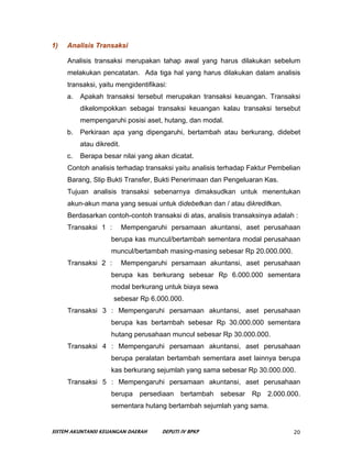 1)   Analisis Transaksi

     Analisis transaksi merupakan tahap awal yang harus dilakukan sebelum
     melakukan pencatat...