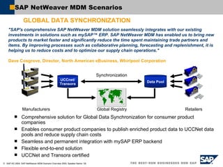 SAP NetWeaver MDM Scenarios Comprehensive solution for Global Data Synchronization for consumer product companies Enables consumer product companies to publish enriched product data to UCCNet data pools and reduce supply chain costs Seamless and permanent integration with mySAP ERP backend Flexible end-to-end solution UCCNet and Transora certified "SAP's comprehensive SAP NetWeaver MDM solution seamlessly integrates with our existing investments in solutions such as mySAP™ ERP. SAP NetWeaver MDM has enabled us to bring new products to market faster and significantly reduce the time spent maintaining trade partners and items. By improving processes such as collaborative planning, forecasting and replenishment, it is helping us to reduce costs and to optimize our supply chain operations."  Dave Cosgrove, Director, North American eBusiness, Whirlpool Corporation GLOBAL DATA SYNCHRONIZATION Manufacturers Retailers UCCnet/ Transora Data Pool Global Registry Synchronization 
