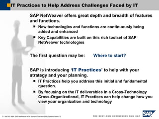 IT Practices to Help Address Challenges Faced by IT SAP NetWeaver offers great depth and breadth of features and functions.  New technologies and functions are continuously being added and enhanced Key Capabilities are built on this rich toolset of SAP NetWeaver technologies The first question may be:  Where to start? SAP is introducing ‘ IT Practices ’ to help with your strategy and your planning. IT Practices help you address this initial and fundamental question.  By focusing on the IT deliverables in a Cross-Technology Cross-Organizational, IT Practices can help change how you view your organization and technology 