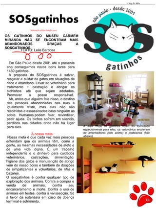 Ong do Mês
12
A área onde os gatinhos ficam foi formulada
especialmente para eles, os voluntários encheram
de arranhadores (foto acima) e prateleiras (foto
abaixo)
SOSgatinhos
Salvando vidas desde 2001
OS GATINHOS DO MUSEU CARMEM
MIRANDA NÃO SE ENCONTRAM MAIS
ABANDONADOS GRAÇAS A
SOSGATINHOS
TEXTO: Leila Barbosa
Em São Paulo desde 2001 até o presente
ano conseguimos novos bons lares para
1460 gatinhos.
A proposta do SOSgatinhos é salvar,
resgatar e cuidar de gatos em situações de
risco e abandono. Levar ao veterinário para
tratamento + castração e abrigar os
bichinhos até que sejam adotados.
Promover a posse responsável. 
Ah, antes que alguém fale nisso, o destino
das pessoas abandonadas nas ruas é
igualmente triste, mas elas não são
recolhidas e assassinadas caso ninguém as
adote. Humanos podem falar, reivindicar,
pedir ajuda. Os bichos sofrem em silencio,
perdidos nas cidades onde não há lugar
para eles.
A nossa meta
Nossa meta é que cada vez mais pessoas
entendam que os animais têm, como a
gente, as mesmas necessidades de afeto e
de uma vida digna. É um trabalho
independente e o dinheiro para cuidados
veterinários, castrações, alimentação,
higiene dos gatos e manutenção do abrigo
vem do nosso bolso e também de doações
de simpatizantes e voluntários, de rifas e
bazares.
O sosgatinhos é contra qualquer tipo de
exploração dos animais. Contra a compra e
venda de animais, contra seu
encarceramento e morte. Contra o uso de
animais em testes, contra a vivissecção. Só
a favor da eutanásia em caso de doença
terminal e sofrimento.
 