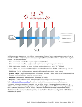 Initial measurement data can come from different sources, such as a head-end system or estimation processes, or it can be
manually created by a user (to override or estimate consumption). Measurement data from these different sources might use
different VEE Rules. For example:
Oracle Utilities Meter Data Management/Smart Grid Gateway Business User Guide • 101
•
•
•
Initial measurements sent a head-end system might use strict VEE Rules
Initial measurements created by a user (to override or estimate consumption) may use less strict rules
Initial measurements created by the system to estimate consumption have very few (if any) VEE Rules
To assist with this need, you can define different VEE Groups for different sources of IMDs. The base package roles are:
•
•
•
•
Initial Load: Used for initial measurement data received from a head-end system or import process
Manual Override: Used for initial measurement data manually created by a user or created by the reconciliation process
for scalar or subtractive interval measuring component types
Estimation: Used for initial measurement data estimated by the system
Projection: Used for "what if" services that are projecting future energy use for a measuring component
Refer to About Initial Measurement Data for additional functional information about the reconciliation process.
A measuring component's Measuring Component Type can define "fallback" VEE groups for each of these roles. In
addition, an individual measuring component can specific a VEE group for each role. If the measuring component doesn't
have a VEE group specified for a role, the "fallback" VEE group defined for the measuring component type is used.
The VEE process has a number of different objects that are detailed below that allow for configurability and flexibility in
how the process executes.
 