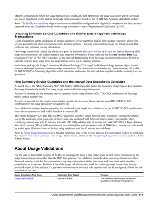 Master Configuration). When the usage transaction is created, the rate determines the usage calculation group to execute
and usage adjustment profile factors to include in the calculation based on the CC&B Rate Schedule extendable lookup.
Note: The Profile Accumulation usage calculation rule should be configured with eligibility criteria such that they are only
executed when the Calculation Mode for the usage transaction is set to "Hypothetical Calculation" (D2HC).
Including Summary Service Quantities and Interval Data Snapshots with Usage
Transactions
Usage transactions can be configured to include summary service quantities and an interval data "snapshot" along with
service quantities and other information sent to external systems. This used when sending usage to a billing system that
performs interval-based pricing calculations.
Only usage transactions created (in whole or in part) by either the Get Interval Data or Vector and Service Quantity Math
usage calculation rules can include interval data snapshot information. These rules use the Extract Interval Data flag
to indicate ("Yes" or "No") if a "snapshot" of the interval data resulting from the usage calculation rule should be sent to
external systems when usage from the usage transaction is sent to external systems.
In the base package, the Usage Transaction Outbound Message (D2-UsageTranOutboundMesg) business object is used
to create outbound messages containing usage transactions. This business object includes the "Build Summary SQs" (D2-
BLDSUMSQ) Pre-Processing algorithm which calculates and creates the interval data snapshot and other summary service
quantities.
How Summary Service Quantities and the Interval Data Snapshot is Calculated
As noted above, the "Build Summary SQs" (D2-BLDSUMSQ) algorithm builds the Summary Usage Periods List basedon
the usage transaction's details. For every usage period within the usage transaction:
An entry is inserted into the summary service quantity list for every distinct UOM/TOU/ SQI combination in the usage
period service quantity list.
An entry is inserted into the service point service quantity list for every distinct service point ID/UOM/TOU/SQI
combination in the usage period service quantity list.
Interval data for multiple service quantities are combined into a single interval data curve per UOM/TOU/SQI combination.
Intervals are summarized and scaled based on a common SPI
The "Build Summary SQs" (D2-BLDSUMSQ) algorithm uses the "Target Interval Size" parameter to define the interval
size of the combined curve when one or more curves are combined with different interval sizes. For example, when
combining interval data with 15 minutes intervals (SPI 900) and data with 60 minute intervals (SPI 3600), a Target Interval
Size of 60 minutes (SPI of 3600) would result in combined data with an interval size of 3600 (the 15 minute intervals would
be scaled up to 60 minute intervals before being combined with the 60 minute interval data).
Refer to About Usage Calculation for a broader functional view of the overall process. For information on how to configure
the request and response process for Usage Transactions, reference the Integrating Usage Transactions section of the
Admin Guide.
About Usage Validations
For the sake of keeping the volume of To Dos to a manageable level it may make sense to shift certain validations to the
usage transaction process rather than the IMD load process. The validation should be done on a usage transaction when
the result is only crucial for the systems receiving usage transactions rather than more real time needs such as online
presentation to a customer. Below is a list of the usage calculation rules used for validating usage transactions that are
provided as part of base product. To get more information on how each rule executes and can be configured, follow the link
provided on the rule.
Oracle Utilities Meter Data Management/Smart Grid Gateway Business User Guide • 119
Usage Calculation Rule Name Applicable Data Type(s) Purpose
Usage High/Low Rule Interval or Scalar This validation rule compares theService
Quantities of the Usage Transaction to
 