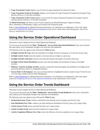 • Usage Transactions Trend: displays a set of counts for usage transactions for each day by status.
• Usage Transaction To Dos by Exception: displays a set of counts for Usage Transaction Exceptions by Exception Type
that also still have a To Do that's incomplete.
• Usage Transaction To Dos Trend: displays a set of counts for Usage Transaction Exceptions by Exception Type for
each day that also still have a To Do that's incomplete.
The Batch Performance tab shows a series of zones related to any defined Performance Targets for batches.
More information on Performance Targets can be found in the Framework guide.
Refer to About Dashboards for additional functional information. For information on configuration, refer to the related
section for Configuring the MDM Operational Dashboard in the Oracle Utilities Meter Data Management / Smart Grid
Gateway Administrative User Guide.
Using the Service Order Operational Dashboard
This portal is used to display the Service Order Operational Dashboard.
You can access the portal from the Main > Dashboards > Service Order Operational Dashboard. Once you've selected
this menu option, you're immediately brought to the initial tab of the dashboard.
The following zones may appear as part of the portal's Main tab page:
• In-Flight Activities By Type: shows the distribution of in-flight Activities (in progress or in error) by Activity Type.
• In-Flight Activity Trend: shows the number of activities that are in-flight on a given day.
• In-Flight Activities with Issues: presents a bar chart that indicates the number of activities with issues.
• In-Flight Activity Status Distribution: presents a pie chart that displays the distribution of statuses of in-flight
activities.
• Efficiency Trend for In-Flight Activities: presents a stacked bar chart that displays the distribution of in-flight activity
processing efficiency relative to configurable tolerance.
• Service Order To Do Summary: this zone uses horizontal bars to highlight the relative number of open To Dos for a set
of To Do Types related to Service Order Management.
Refer to About Dashboards for additional functional information. For information on configuration, refer to the related
section for Configuring the Service Order Operational Dashboard in the Administrative User’s Guide.
Using the Service Order Trends Dashboard
Oracle Utilities Meter Data Management/Smart Grid Gateway Business User Guide • 151
This portal is used to display the Service Order Operational Dashboard.
You can access the portal from the Main > Dashboards > Service Order Trends Dashboard. Once you've selected this
menu option, you're immediately brought to the initial tab of the dashboard.
The following zones may appear as part of the portal's Main tab page:
• Orchestration Issues Trend: contains a stacked bar chart showing issues by category and Activity Type.
• Issue Distribution Over Time: contains a pie chart showing the distribution of activity issues over a range of days.
• Activity Success Trend: shows successful activities over a range of days.
• Activity Creation Trend: shows activities created over a range of days.
• Activity Completion Efficiency Over Time: shows the efficiency of activity completion over a range of days.
 