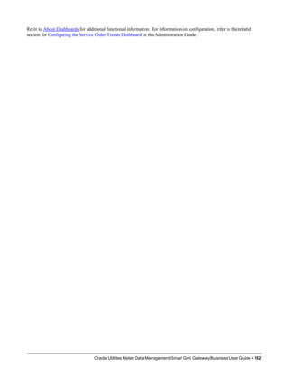 Refer to About Dashboards for additional functional information. For information on configuration, refer to the related
section for Configuring the Service Order Trends Dashboard in the Administration Guide.
Oracle Utilities Meter Data Management/Smart Grid Gateway Business User Guide • 152
 